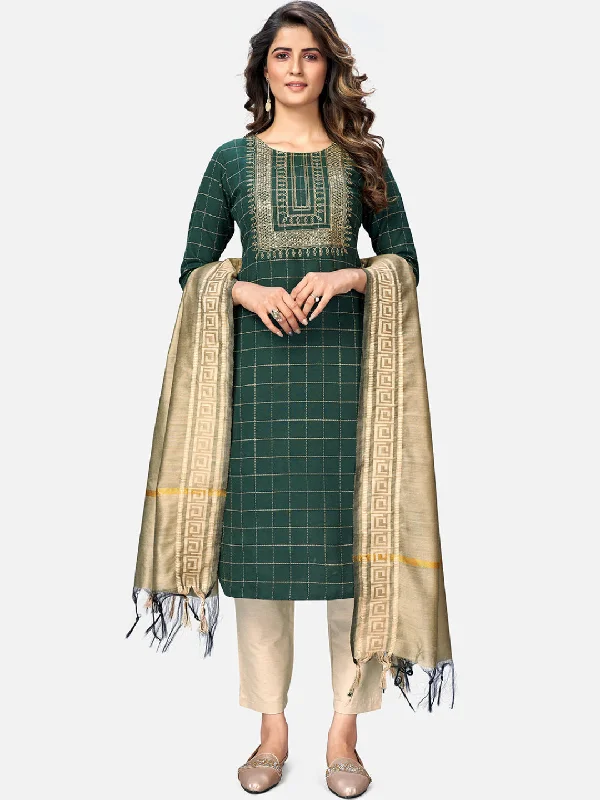 European And American Style Women's Green Cotton Kurta With Pant & Dupatta By Vbyuz (3Pcs Set)