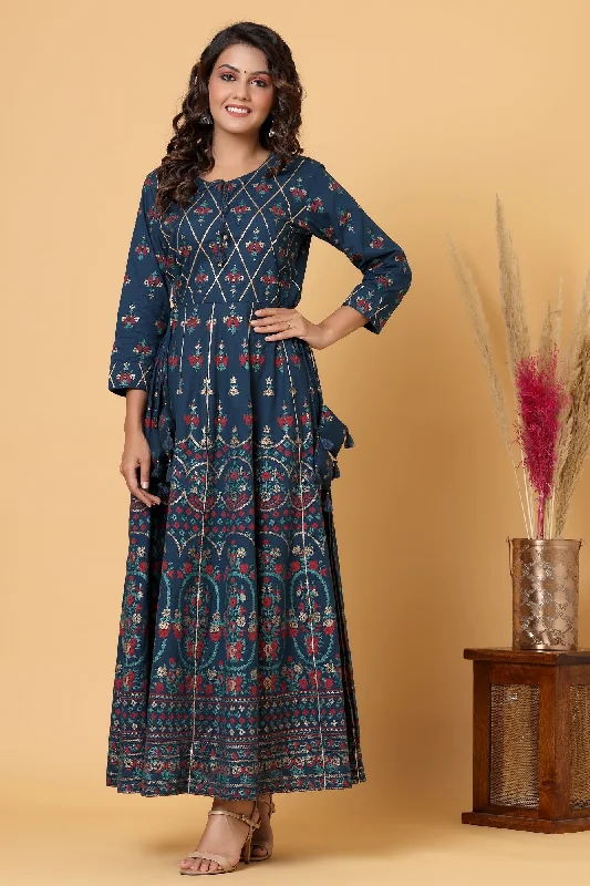 Unique Prints Women's Blue Embellishment Printed Anarkali Kurta - KAAJH