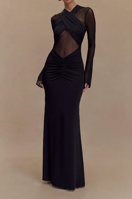 Eye-catching Personality Crossed Mesh Sheer V-Neck Long Sleeve Maxi Dress