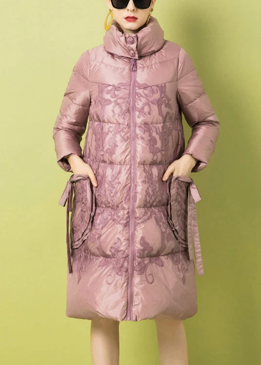 British Style French Pink Zippered Print Pockets Duck Down Coat Winter