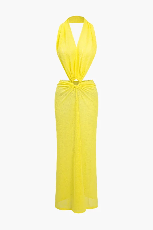 Multifunctional Style V-neck Backless Ring Halter Maxi Dress