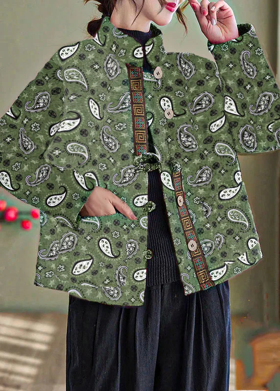 Classic And Versatile Elegant Green-Cashew Print Pockets Cotton Filled Parka Winter