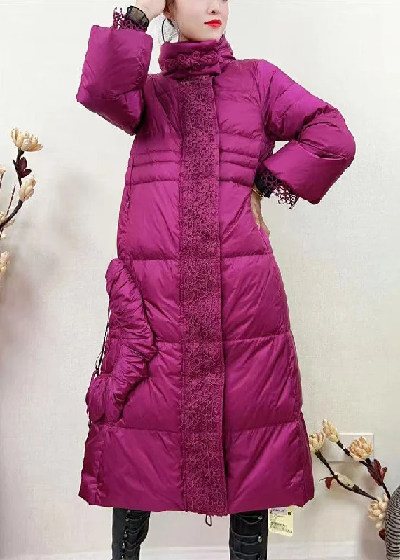 Fashion Must-have French Rose Zippered Lace Patchwork Duck Down Long Coat Winter