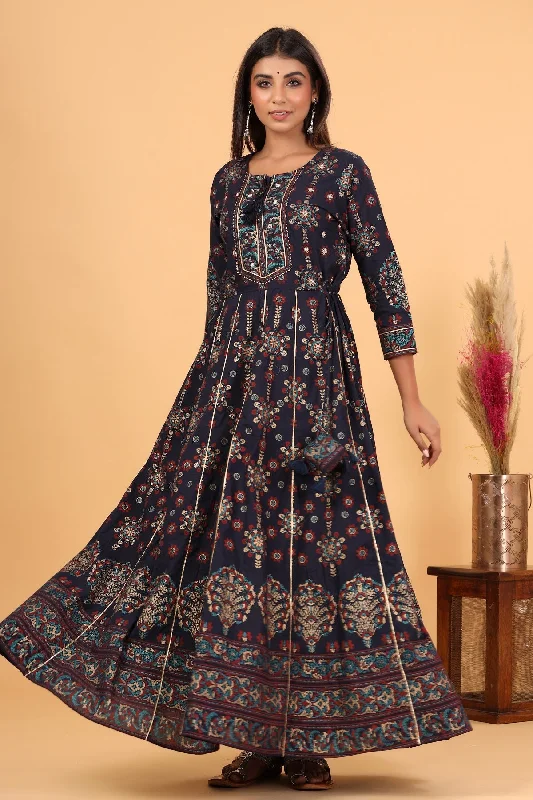 Exquisite Embroidery Women's Blue Gold Printed Embellishment Anarkali Kurta - KAAJH