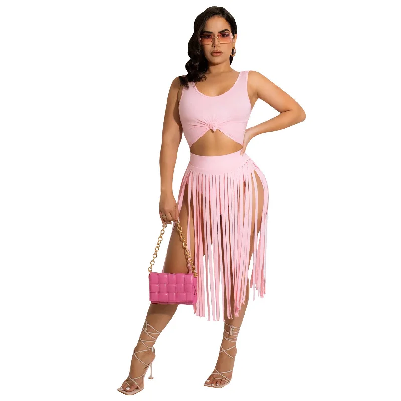 Street Cool Sexy Tassels Two Pieces Tops and Skirts Set