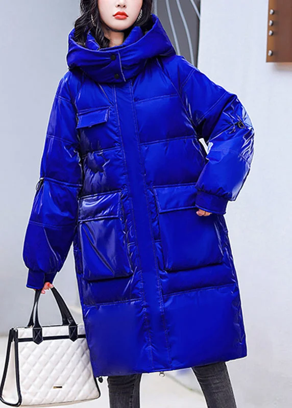 Bright Colors Plus Size Blue Zippered Pockets Warm Fleece Bright Hooded Parka Long Sleeve