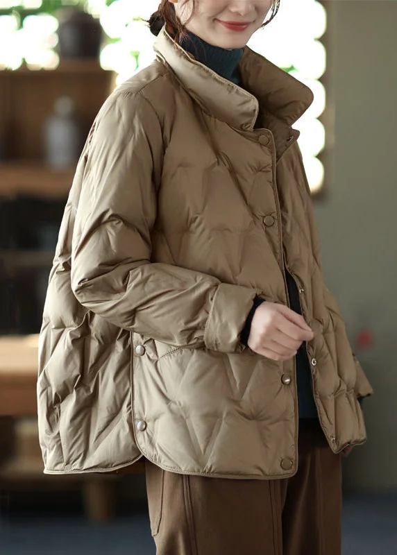 Minimal Style New Khaki Stand Collar Button Pockets Duck Down Coat Long Sleeve