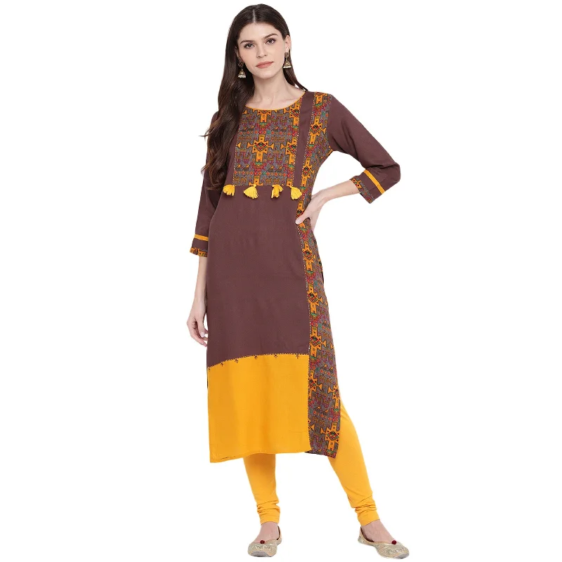 Soft And Comfortable Women's Brown & Yellow Rayon Kurta By Vbuyz (1Pc)