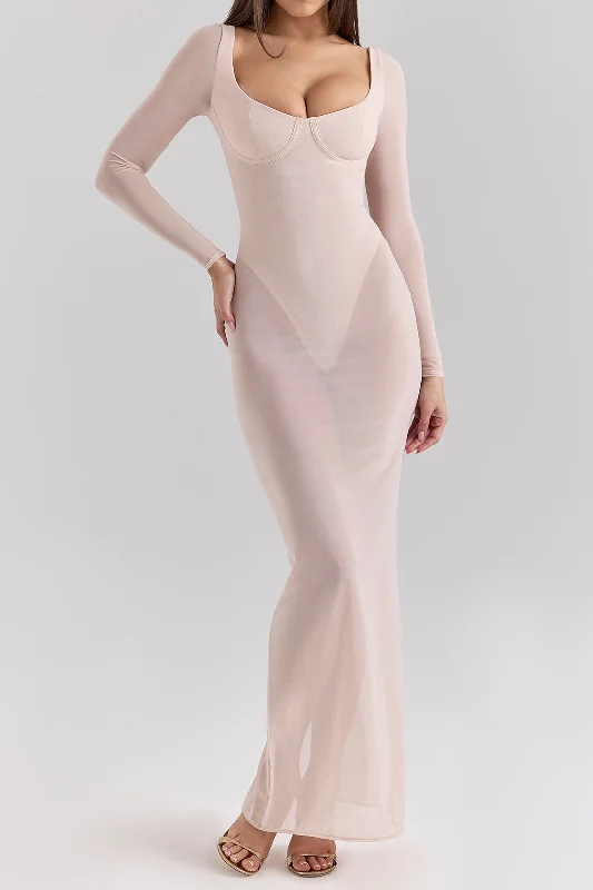 New Products Sheer Mesh Square Neck Long Sleeve Maxi Dress