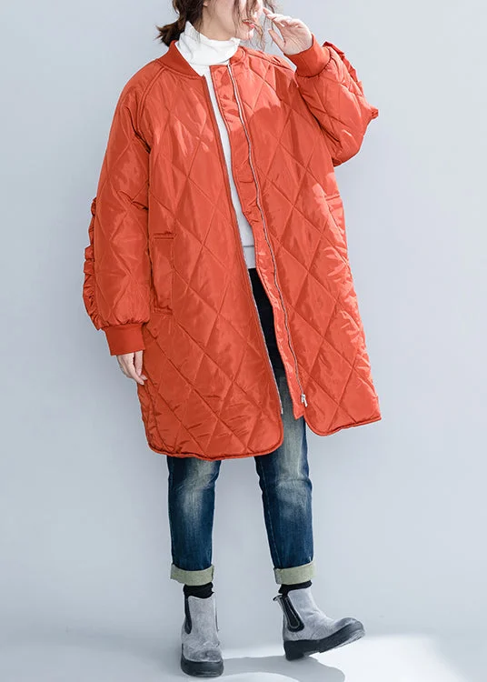 Fashionable And Fashionable Plus Size Orange Zip Up Pockets Ruffled Patchwork Cotton Filled Coats Winter