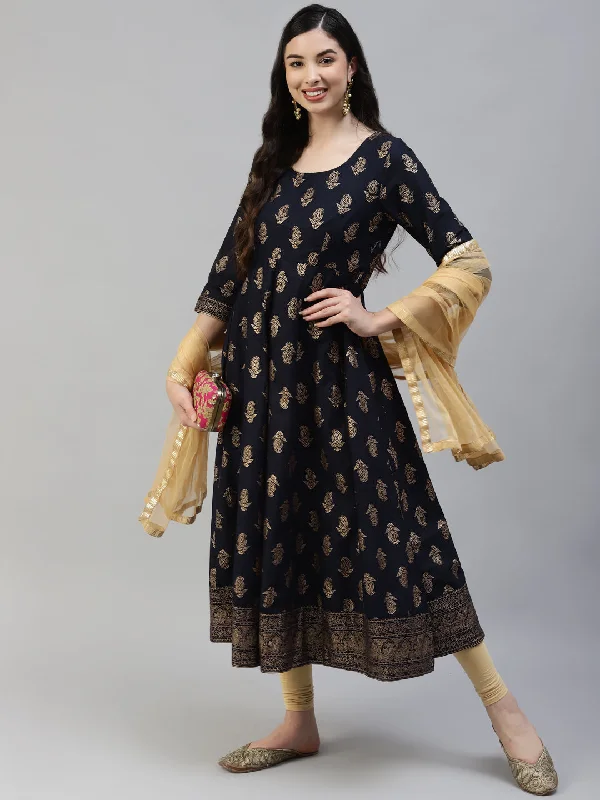 Classic Style Women's Blue Gold Print  Anarkali Kurta With Viscose Leggings & Net Dupatta - Noz2Toz