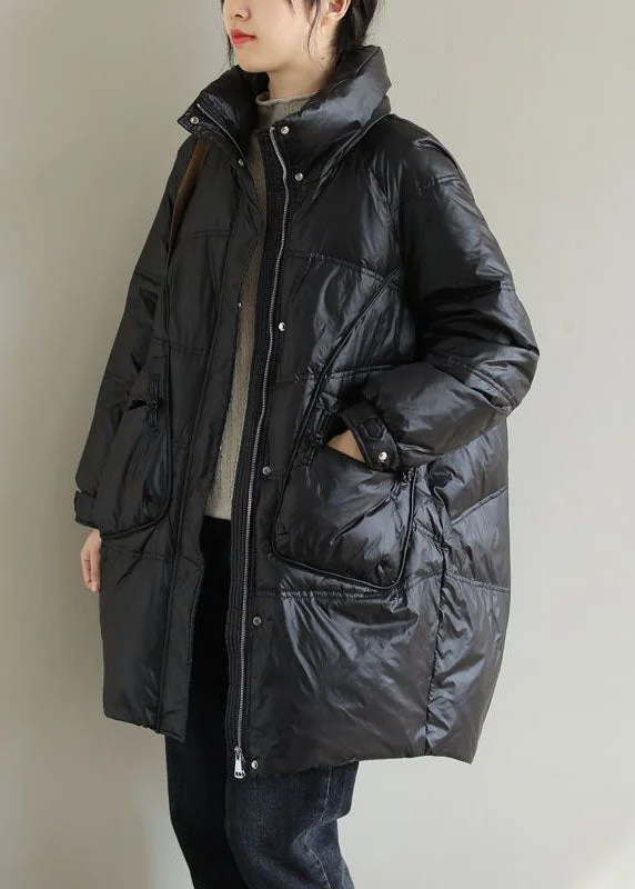 Integrated Design Black Thick Duck Down Down Coat Stand Collar Oversized Pockets Winter