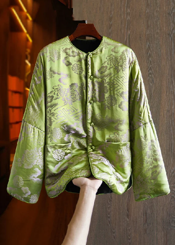 Advanced Customization Plus Size Green Button Print Pockets Silk Parka Long Sleeve