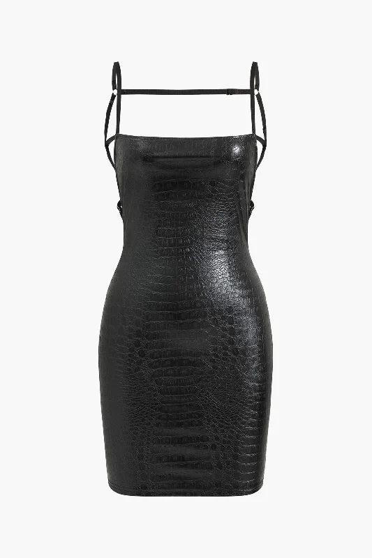 Elegant Design Crocodile Faux Leather Backless Sleeveless Slip Mini Dress