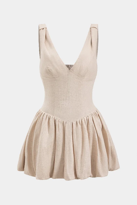 Basic Version Linen Ruched Sleeveless Mini Dress