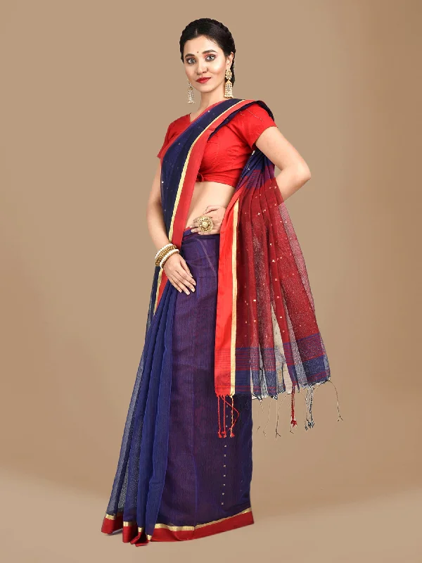 Elegant Design Women's Blue and Red border Blended Cotton Hand woven saree with sequin work - Sajasajo