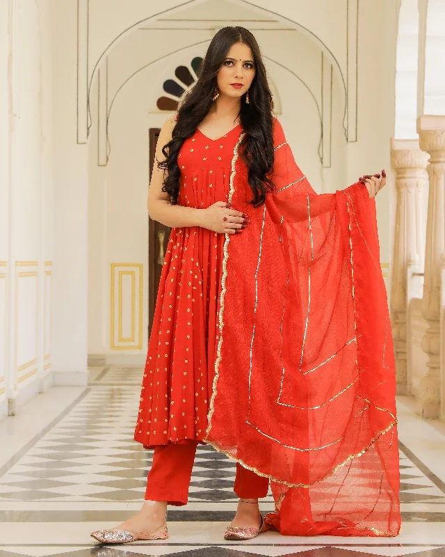 Classic Retro Women's Red Anarkali Suit set with Pants & Dupatta by Baisacrafts- (3pcs set)