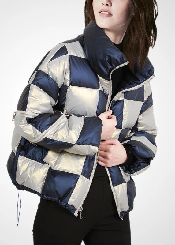 Tropical Style French Colorblock Stand Collar Zip Up Drawstring Plaid Duck Down Puffer Jacket Winter