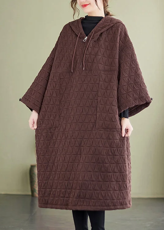 Comfortable Mind Coffee Pockets Patchwork Fine Cotton Filled Dresses Hooded Winter