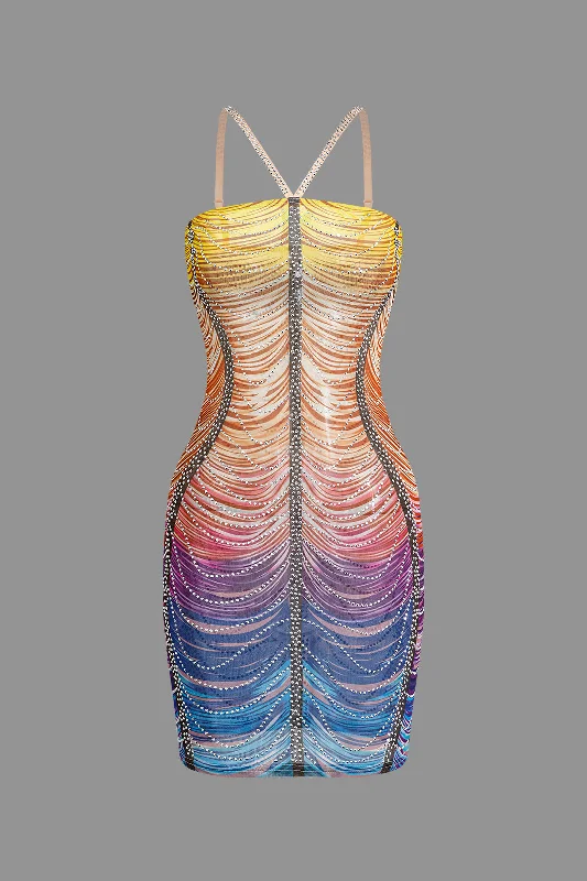 Modern City Rainbow Striped Rhinestone Bodycon Mini Dress