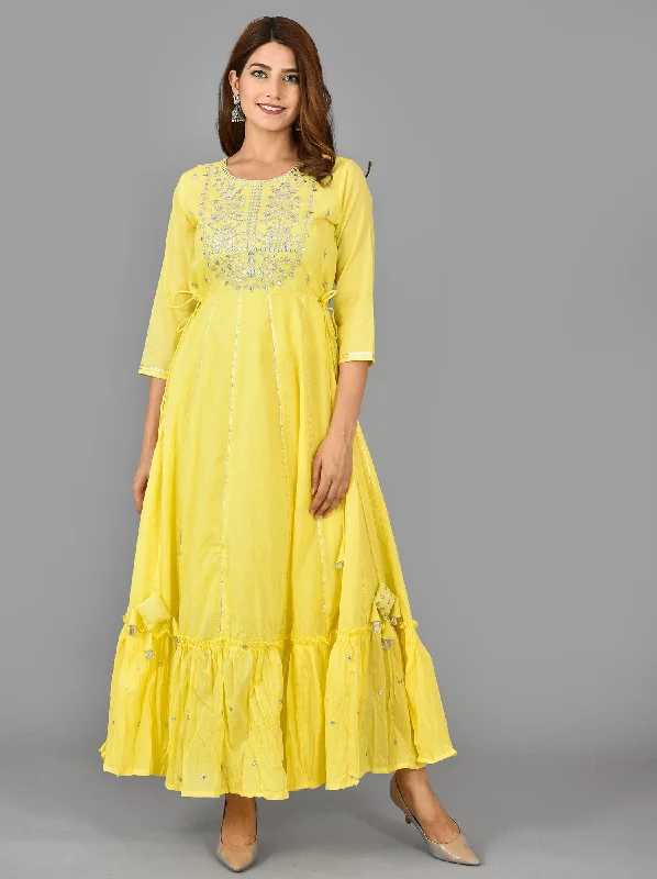 Elegant Design Women's Yellow Mirror Embroidery Anarkali Kurta - KAAJH