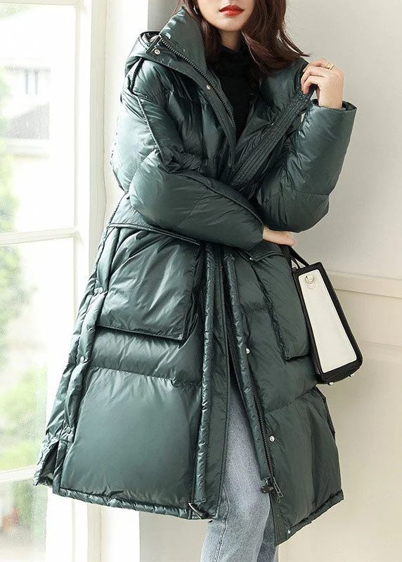 Elegant And Casual Italian Green Zip Up Drawstring Hooded Patchwork Duck Down Puffer Jacket Winter