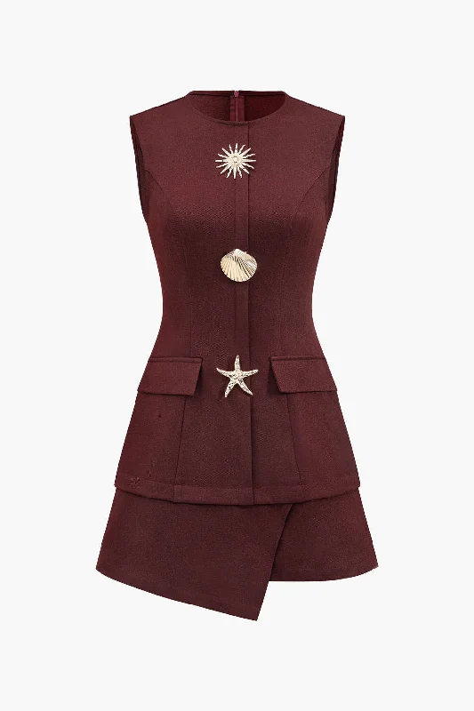 New Products Metallic Button Sleeveless Round Neck Mini Dress