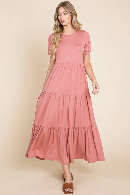 French Style Short Sleeve Tiered Maxi Dress