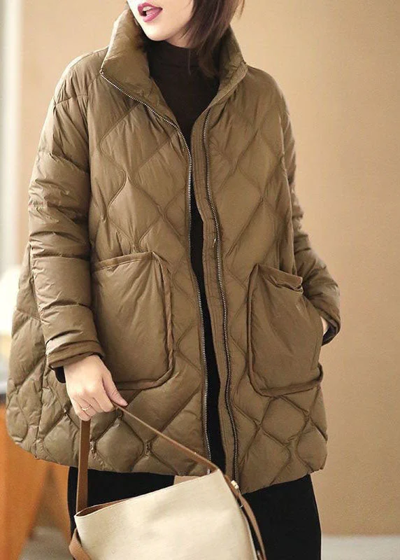 Cute Design Italian Chocolate Stand Collar Zip Up Pockets Duck Down Puffers Jackets Winter