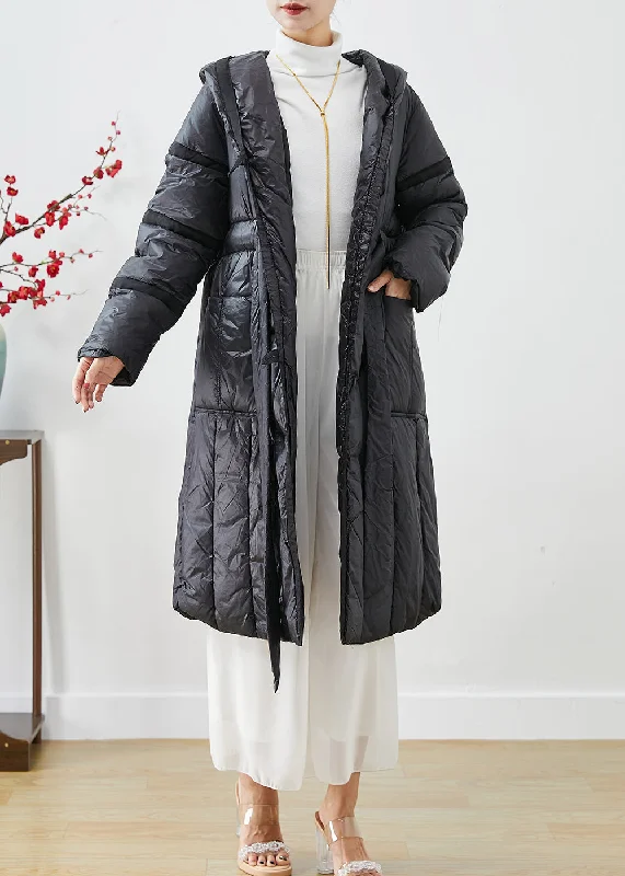 Comfortable And Casual Classy Black Tie Waist Oversized Warm Duck Down Jacket In Winter