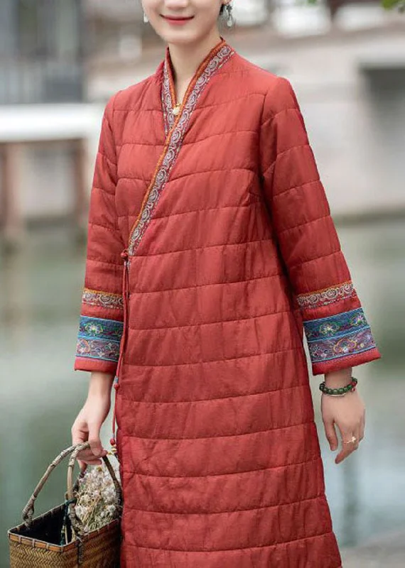 Personalized Wear Vintage Red Embroideried Oriental Button Fine Cotton Filled Dress Winter