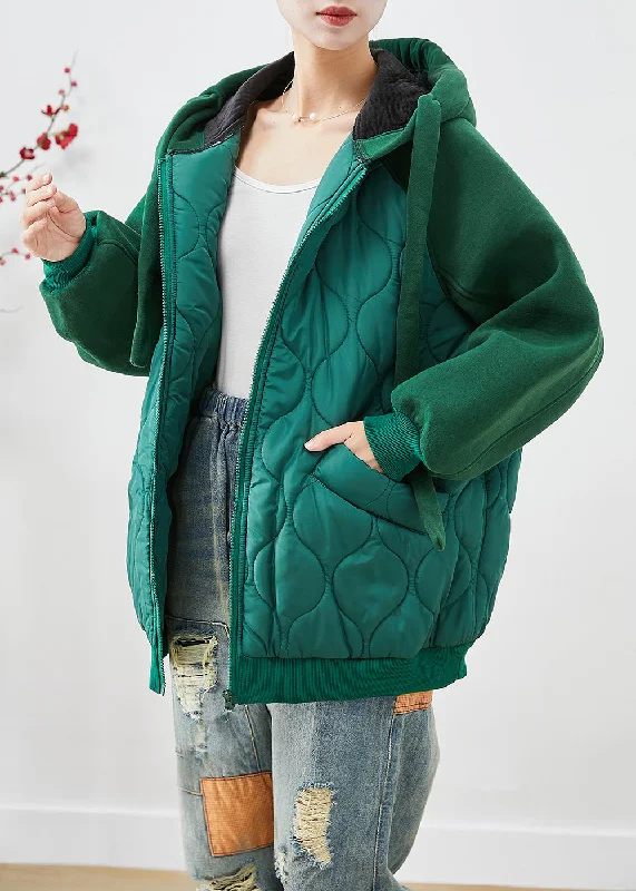 Classic Style Handmade Green Hooded Patchwork Fine Cotton Filled Puffer Jacket Winter