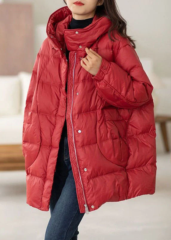 Classic Color Classy Red Hooded Oversized Drawstring Duck Down Down Coat Winter