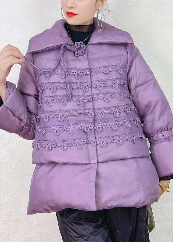 Elegant And Charming Chic Purple Peter Pan Collar Button Patchwork Duck Down Coat Winter