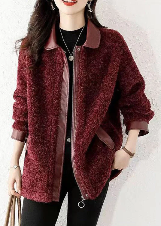 End Of The Year Loose Wine Red Zippered Patchwork Teddy Faux Fur Coat Winter