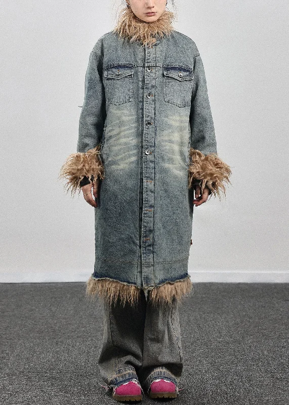 Simple And Comfortable French Blue Fluffy Button Patchwork Thick Long Coat Winter