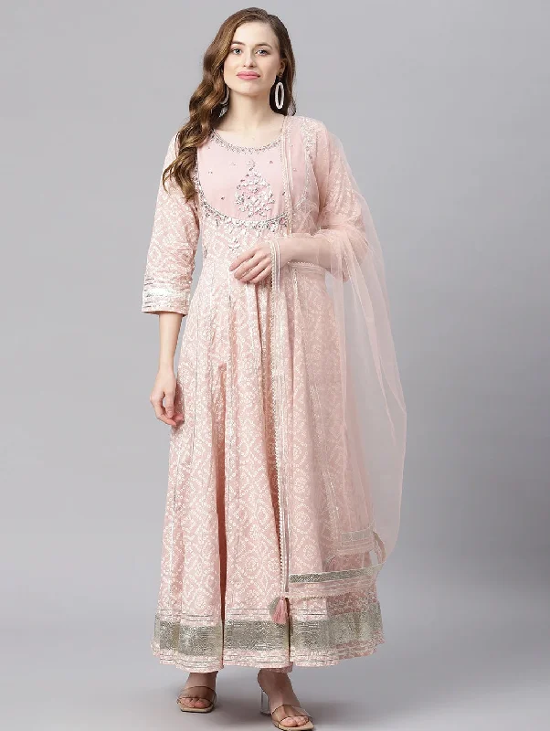 Floral Prints Women's Light Pink Cotton Anarkali Gown Pant Set With Net Dupatta - Noz2Toz