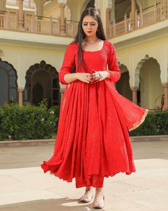 Personalized Clothing Women's Sassy Red Chikankari Suit - Baisacrafts