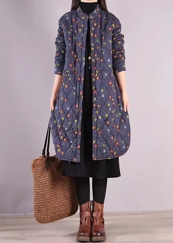 High-end Customization Women Blue Stand Collar Pockets Patchwork Fine Cotton Filled Coat Winter