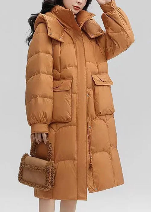 Personalized Outfit Women Orange Hooded Pockets Patchwork Duck Down Long Coat Winter