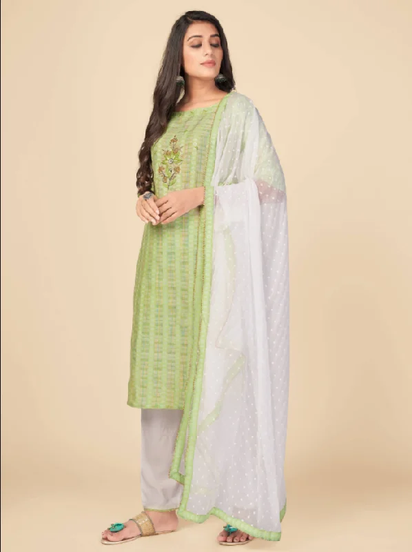 Fashion Innovation Women's Printed & Hand Work Straight Cotton Parrot Green Kurta Pant With Dupatta (3Pcs Set) - Vbuyz