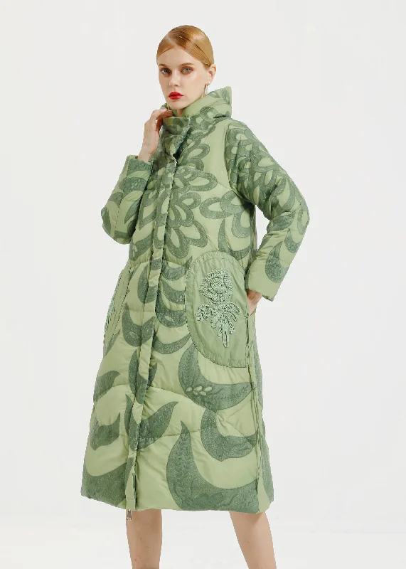 High-end Fashion Loose Green Hooded Embroideried Patchwork Duck Down Long Coat Winter