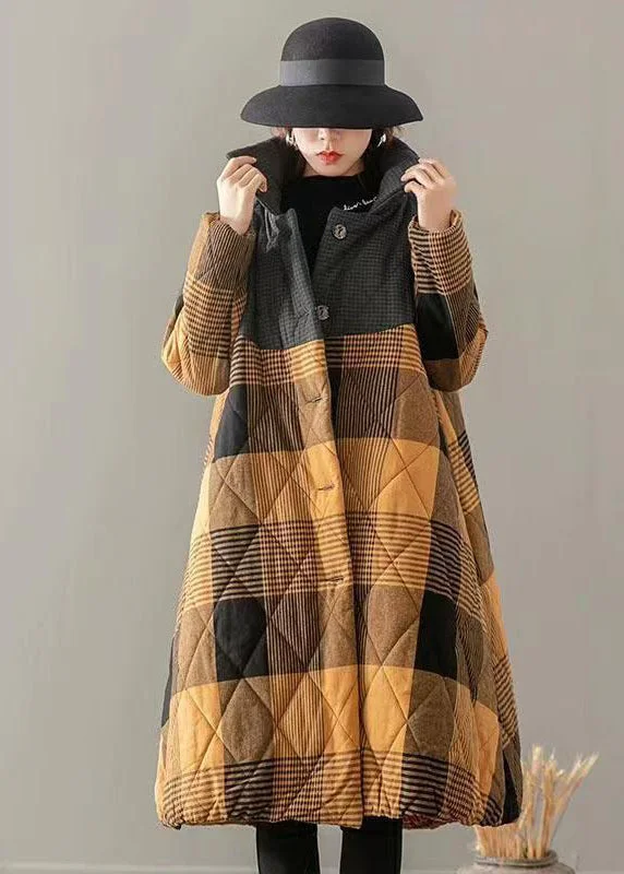 Tropical Style Yellow Pockets Plaid Patchwork Fine Cotton Filled Coats Button Winter