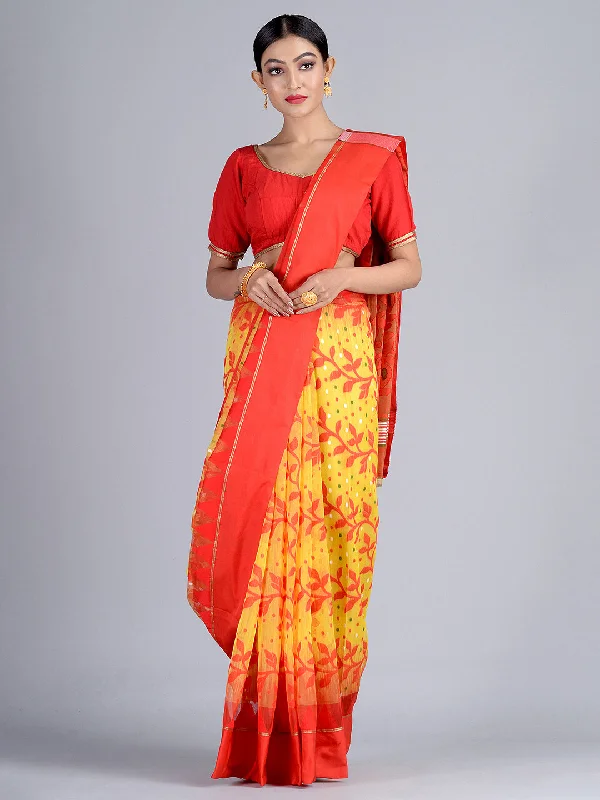 Classic Retro Women's Yellow & Red Handloom Jamdani Saree - Sajasajo