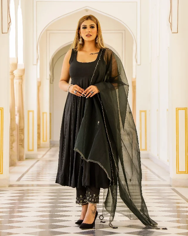 Fresh And Capable Women Black Anarkali Kurta with Pant & Dupatta Set by Baisacrafts (3pcs Set)