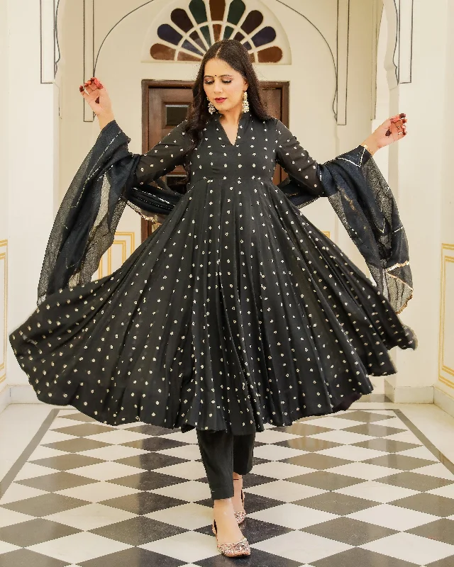 Fashionable Items Women's Black Bandhej Modal Anarkali Kurta Pant Dupatta Set - Baisacrafts