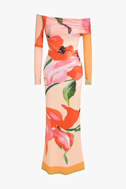 Tropical Style Floral Print Long Sleeve Off-Shoulder Maxi Dress