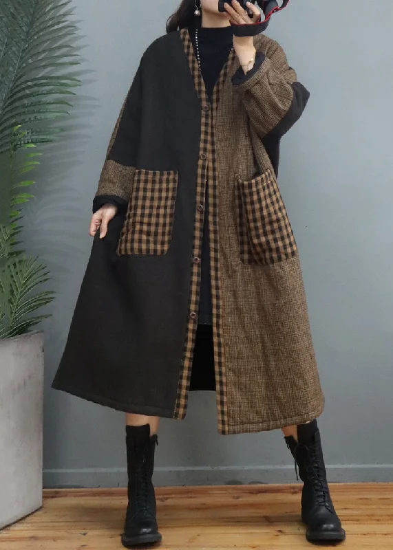 Personalized Outfit Vintage Coffee Plaid Pockets Patchwork Thick Long Coat Fall