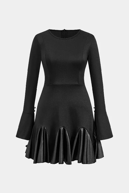 Advanced Customization Faux Leather Patchwork Round Neck Long Sleeve Mini Dress