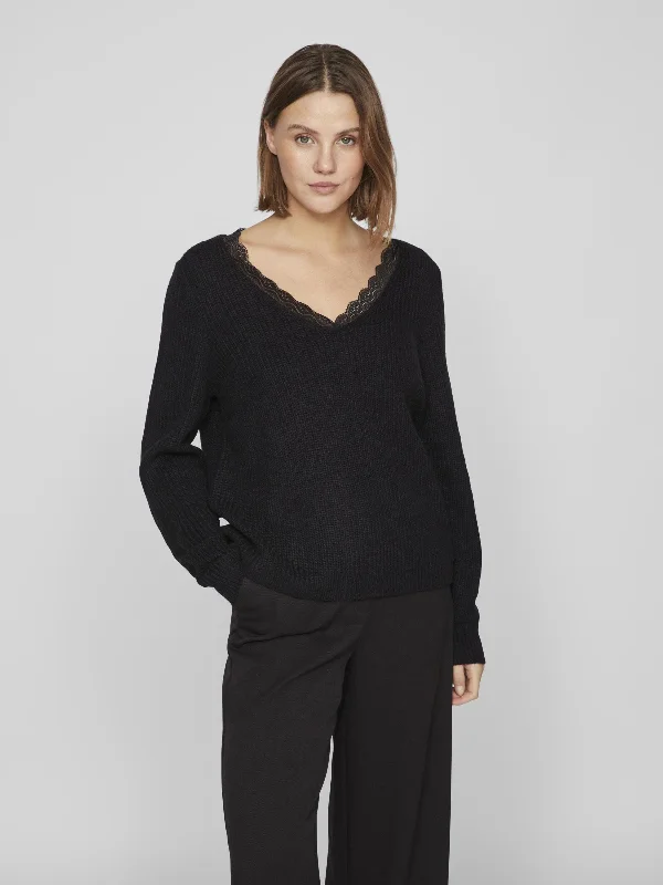 Comfortable Series Lacy V-Neck Jumper (Black)